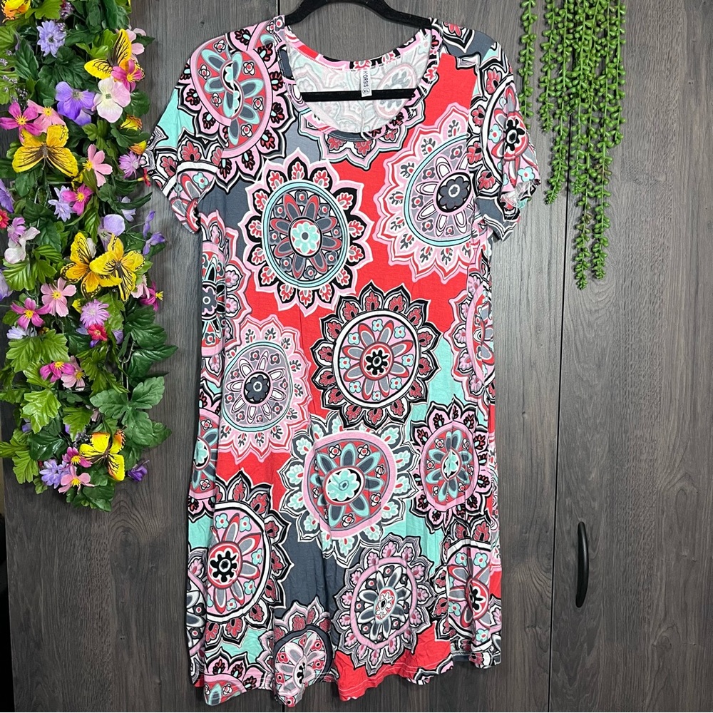 .|💙2/$40💙Korsis Vibrant Printed Short Sleeve Scoop Neck Dress Size XL